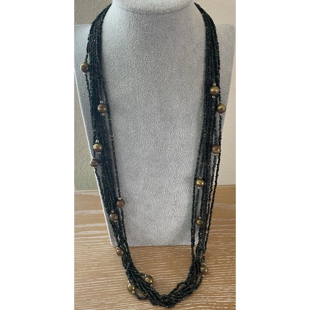 Express Green Black Multicolor Brass Tone Seed Bead Necklace Silvertone Clasp